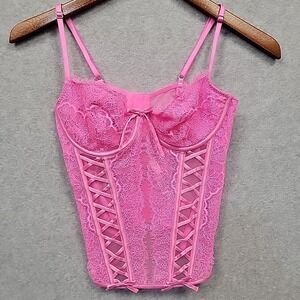 VICTORIA'S SECRET Size M Lace Up Corset Top Bustier Hot Bubblegum Pink Mesh Lace